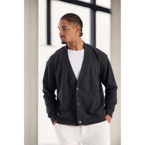 Potter Dokulu Selanik Kumaş Oversize Basic 3 Düğmeli Erkek Hırka - Füme