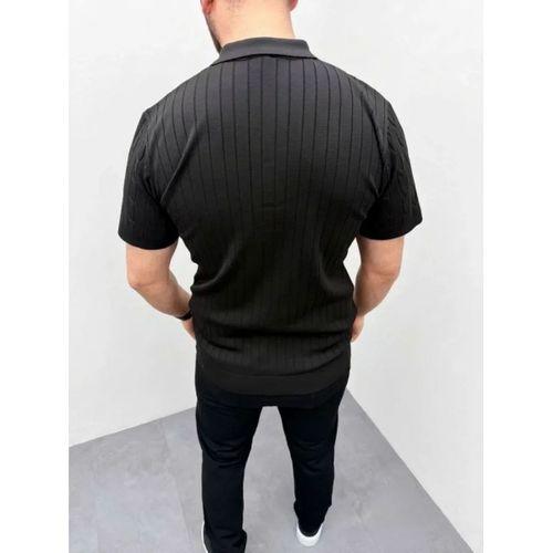 Erkek Yazlık Triko Saç Örgü Tişört Kısa Kol Polo Yaka Fermuarlı T-Shirt - Siyah