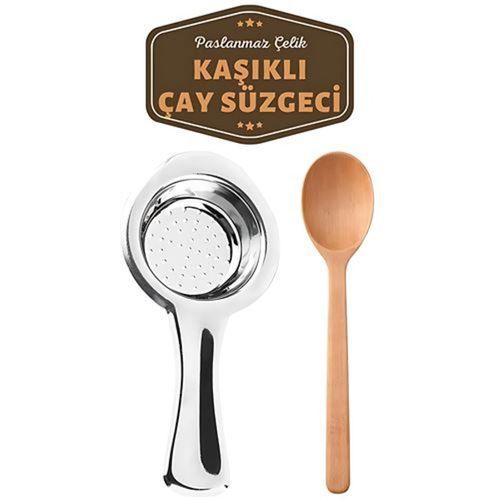 Homecare Paslanmaz Metal Çay Süzgeci Ahşap Kaşık Seti