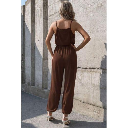 Kadın Ip Askılı Kruvaze Yakalı Belden Kuşaklı Uzun Sandy Tulum