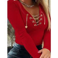 Kadın Uzun Kollu V çapraz Zincir Detaylı Kaşkorse Bluz