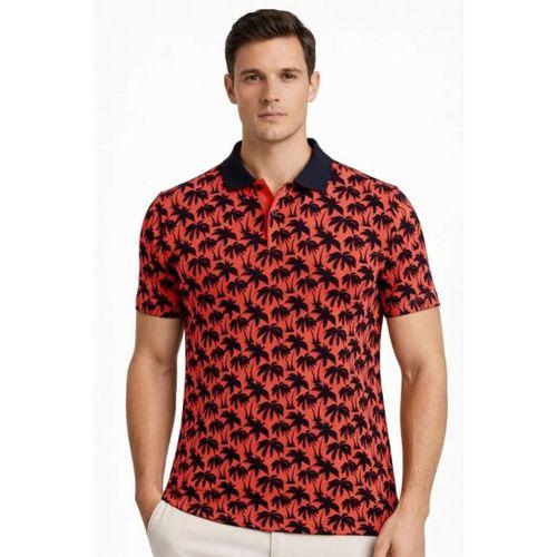 Erkek Pike Kumaş Polo Yaka Palmiye Desenli Tişört Kısa Kol Yazlık T-Shirt - Kırmızı
