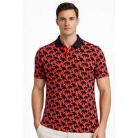 Erkek Pike Kumaş Polo Yaka Palmiye Desenli Tişört Kısa Kol Yazlık T-Shirt - Kırmızı