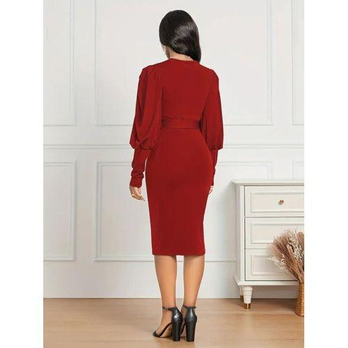 Kadın Uzun Kollu Bisiklet Yaka Beli Kuşaklı Ithal Krep Midi Elbise
