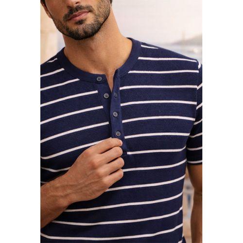 Kristof Pike Kumaş Regular Fit Düğmeli Yaka Kendinden Çizgili T-Shirt - Lacivert