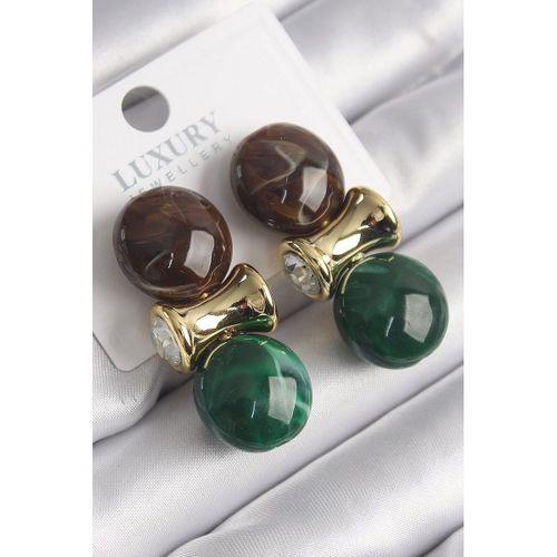 pilelistore Pirinç Gold Renk Zirkon Taşlı Kahverengi Yeşil Doğal Taşlı Vintage Kadın Küpe - TJ-BKP9823
