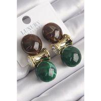 pilelistore Pirinç Gold Renk Zirkon Taşlı Kahverengi Yeşil Doğal Taşlı Vintage Kadın Küpe - TJ-BKP9823