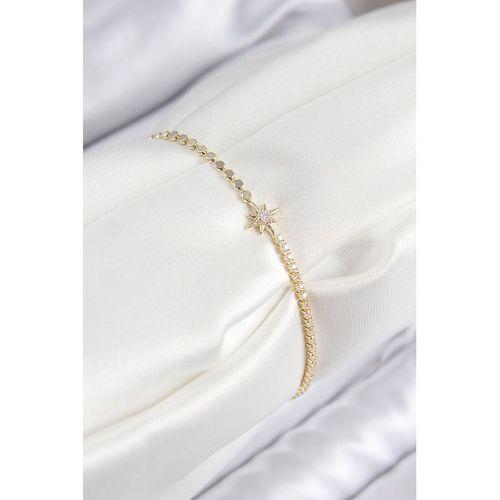 Pirinç Zirkon Taşlı Kutup Yıldızı Model Ezme Zincir Gold Renk Kadın Bileklik