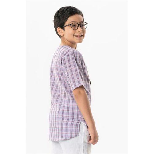 Kısa Kol Şile Bezi Zımbalı Yazlık Erkek Çocuk Tshirt Lila Ekose 3036