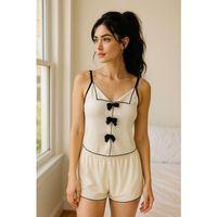 Siyah Kurdelalı Fitilli Askılı Şortlu Pijama Takımı