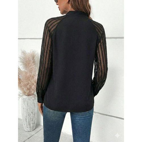 Kadın Uzun Kollu Reglan Kol Detaylı Tüllü Yakadan Bağlamalı Sandy Bluz