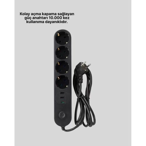 4’lü Çoklu Priz 2 Usb Type-c Girişli Akım Korumalı Siyah