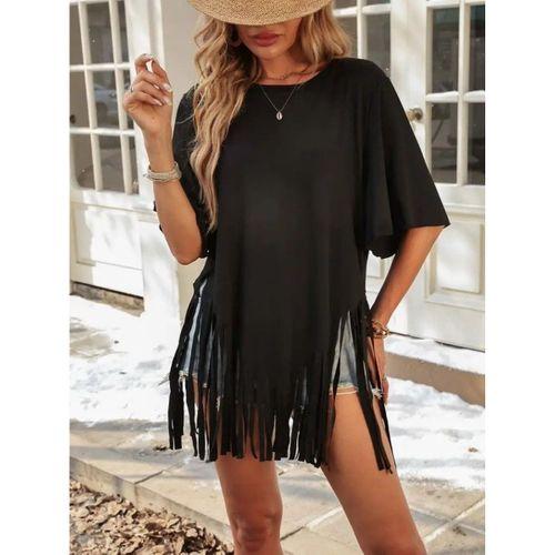 Kadın Kısa Kollu Bisiklet Yaka Püsküllü Viskon Bluz