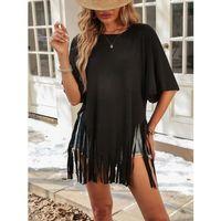 Kadın Kısa Kollu Bisiklet Yaka Püsküllü Viskon Bluz