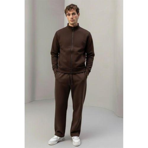 Marcel Regular Fit Fermuarlı Kıstıma Cepli Üç İplik Şardonlu Sweatshirt Kahve - Baggy Kalıp 3 İplik Şardonlu Eşofman Altı Kahve