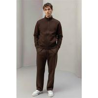 Marcel Regular Fit Fermuarlı Kıstıma Cepli Üç İplik Şardonlu Sweatshirt Kahve - Baggy Kalıp 3 İplik Şardonlu Eşofman Altı Kahve