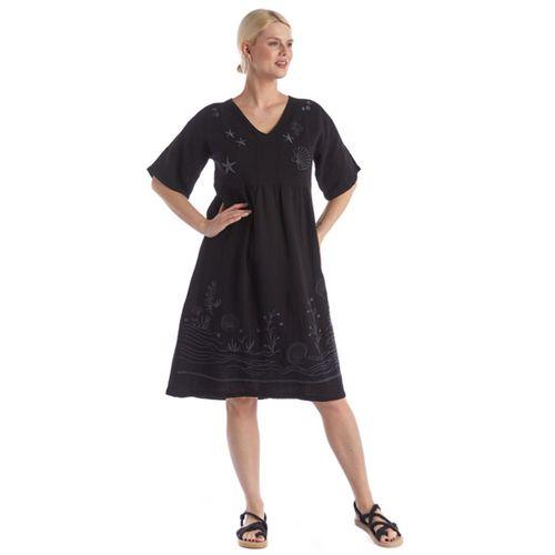 Kısa Kol Siyah V Yaka Nakışlı Midi Boy Müslin Yazlık Elbise