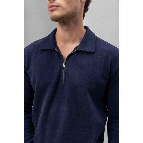 Eric Relax Fit Yarım Fermuarlı Polo Yaka Selanik Kumaş Erkek Sweatshirt - Lacivert