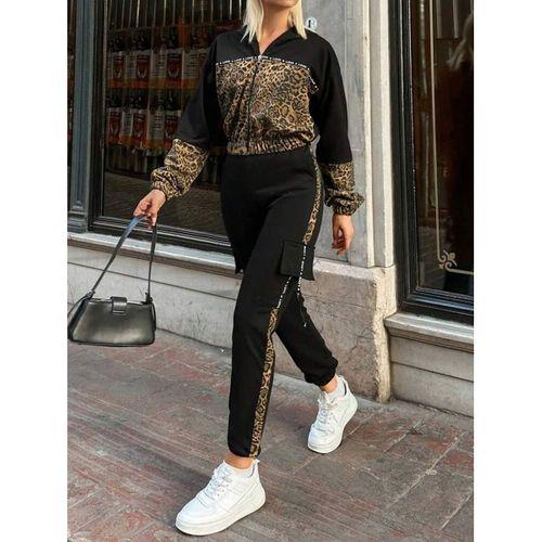 Kadın Uzun Kollu Kapşonlu Leopar Desenli Viskon Iki Iplik Bluz Ve Pantolon Ikili Takım
