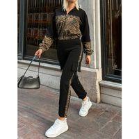 Kadın Uzun Kollu Kapşonlu Leopar Desenli Viskon Iki Iplik Bluz Ve Pantolon Ikili Takım