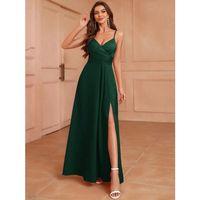 Kadın Ip Askılı Kruvaze Yakalı Yırtmaçlı Uzun Ithal Krep Elbise