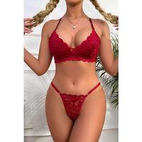 Kadın Bordo Sırtı Dantel Ve İp Detaylı Şık Sütyen Külot Takımı
