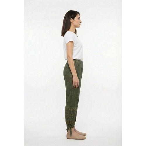 Beli Lastikli İnka Bilekten Bağlamalı Otantik Nakışlı Kadın Poplin Pantolon Haki Hk