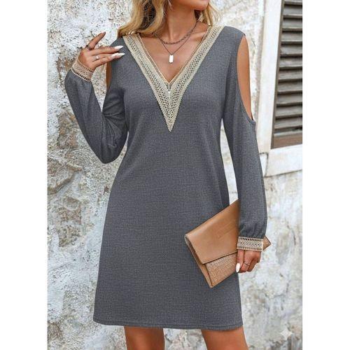 Kadın Uzun Kollu Omuzdan Açık V Dantel Yakalı Mini Waffle Elbise