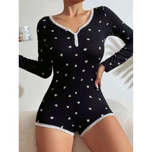 Kadın Siyah Kalp Desenli Pijama Tulumu Yumuşak Rahat Ev Giyimi Şık Özel Tasarım