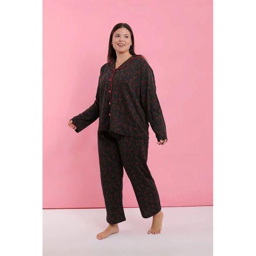 Kadın Büyük Beden Siyah Kırmızı Çiçekli Düğmeli Pijama Takımı