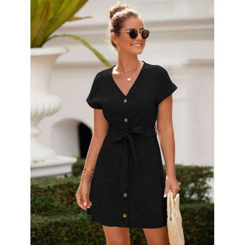 Kadın Kısa Kollu V Yakalı önden Düğmeli Belden Kuşaklı Cepli Sofya Elbise