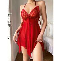 Kırmızı Butterfly Lace Kelebek İşlemeli Tül Fantezi Gecelik