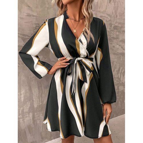 Kadın Uzun Kollu Kruvaze Yakalı Desenli Modal Mini Elbise
