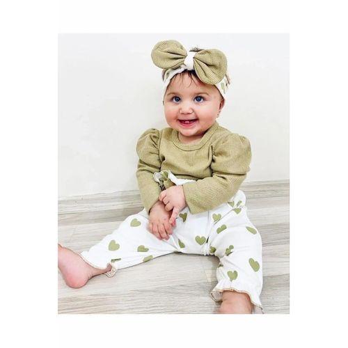 Kalp Baskılı Bandanalı 3'lü Lüx Waffle Kız Bebek Takım