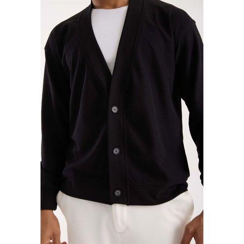 Potter Dokulu Selanik Kumaş Oversize Basic 3 Düğmeli Erkek Hırka - Siyah