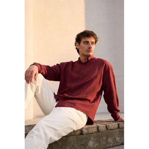Scott – Soft Dokulu Yarım Oversize Modern Keten Görünümlü Erkek Gömlek - Bordo
