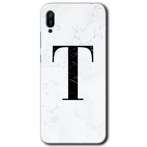 MRCİLETİSİM Huawei Y6 2019 Kılıf HD Desen Baskılı Arka Kapak + Temperli Cam - Beyaz Mermer Desenli T Harfi