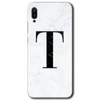 MRCİLETİSİM Huawei Y6 2019 Kılıf HD Desen Baskılı Arka Kapak + Temperli Cam - Beyaz Mermer Desenli T Harfi
