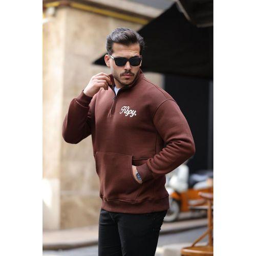 Cozy Kanguru Nakışlı Şardonlu Yarım Fermuar Sweatshirt - Kahve