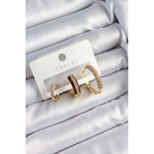 Pirinç Zirkon Taşlı Bordo Halka Model Gold Renk 3'lü Çift Kadın Küpe Set