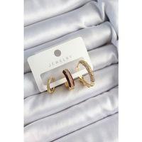 Pirinç Zirkon Taşlı Bordo Halka Model Gold Renk 3'lü Çift Kadın Küpe Set