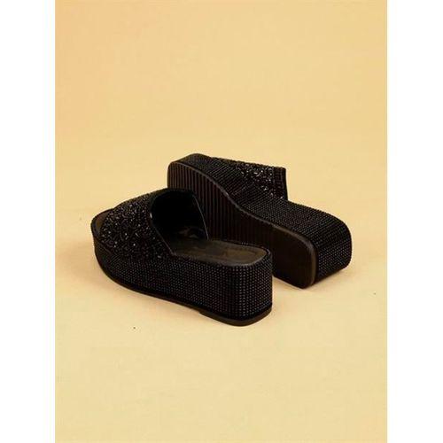 LUXLORA Işıltılı Taş Detaylı Siyah Kadın Platform Terlik