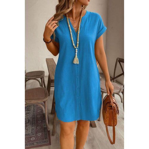 Kadın Kısa Kollu önden Düğmeli Ithal Keten Elbise