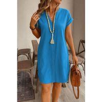 Kadın Kısa Kollu önden Düğmeli Ithal Keten Elbise