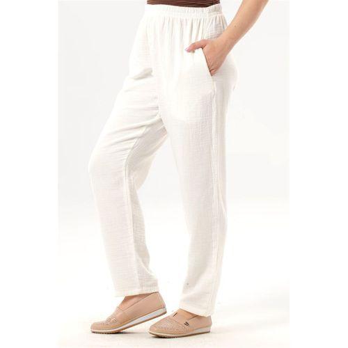 Beli Lastikli Yandan Çift Cepli Müslin Şalvar Pantolon Kırık Beyaz KrkByz