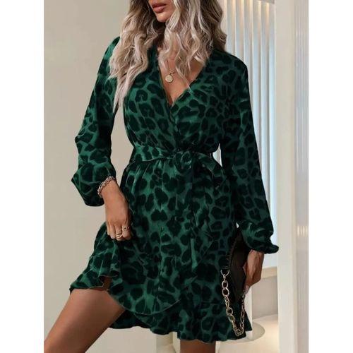 Kadın Uzun Kollu Kruvaze Yaka Beden Kuşaklı çapraz Kesim Detaylı Leopar Modal Mini Elbise