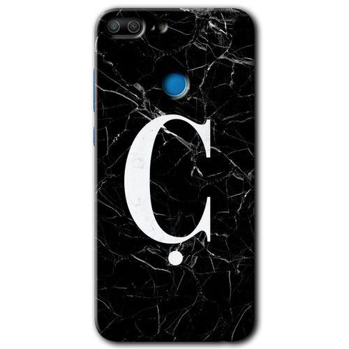 MRCİLETİSİM Honor 9 Lite Kılıf HD Desen Baskılı Arka Kapak + Temperli Cam - Siyah Mermer Desenli Ç Harfi