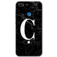 MRCİLETİSİM Honor 9 Lite Kılıf HD Desen Baskılı Arka Kapak + Temperli Cam - Siyah Mermer Desenli Ç Harfi
