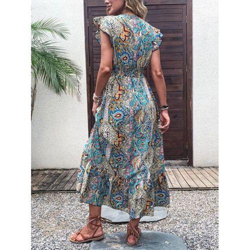 Kadın Kısa Kollu Kruvaze Yakalı Desenli Maxi Elbise