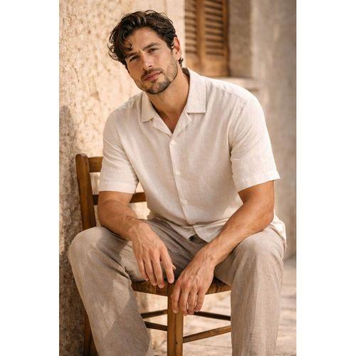 Doris Oversize Kalıp Odessa Kumaş Resort Yaka Kısa Kollu Erkek Gömlek - Bej